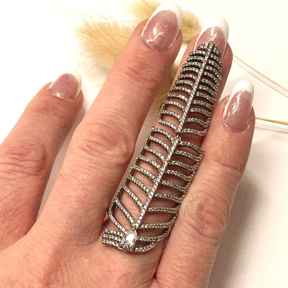 Vintage Pave Crystal Knuckle Full Finger Feather Ring 925 Sterling Silver - Picture 7 of 15